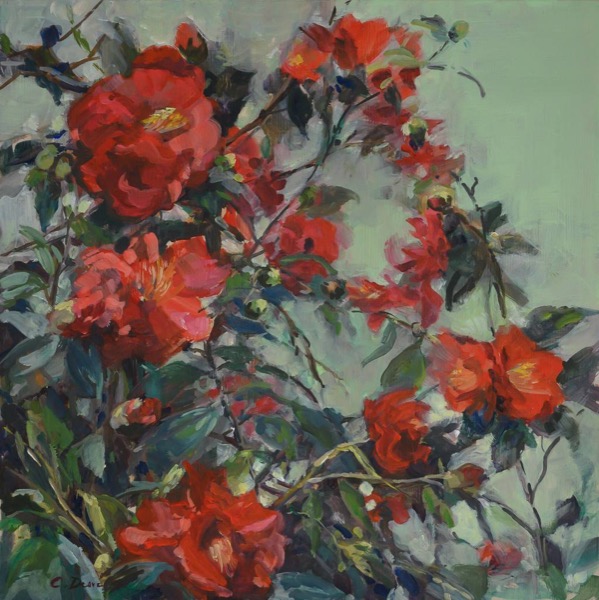 Camélias, huile sur bois, par Catherine Desvé