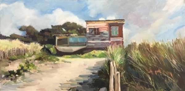 La paillote, huile sur bois, par Catherine Desvé