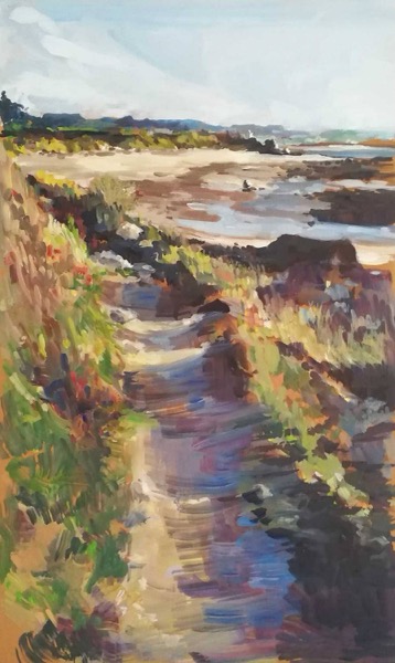 Le chemin, huile sur bois, par Catherine Desvé