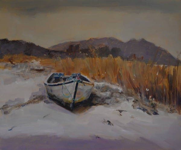 Pellinec sous la neige, huile sur bois, par Catherine Desvé
