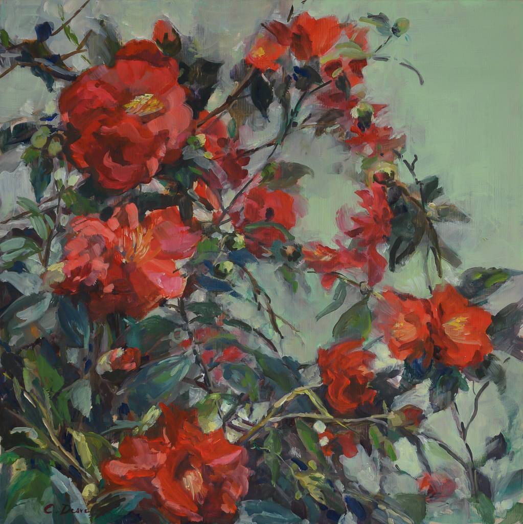 Camélias, huile sur bois, par Catherine Desvé