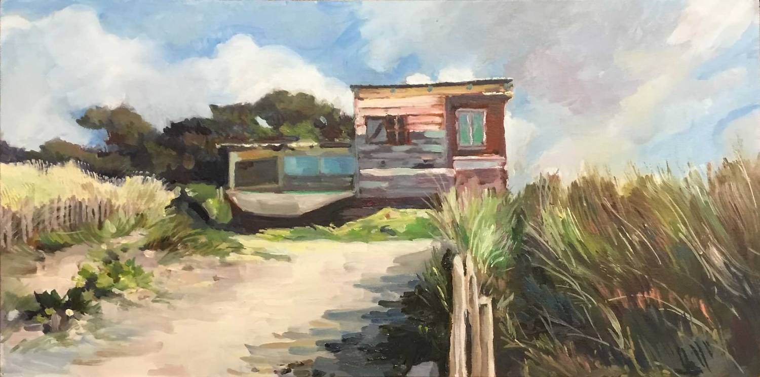 La paillote, huile sur bois, par Catherine Desvé